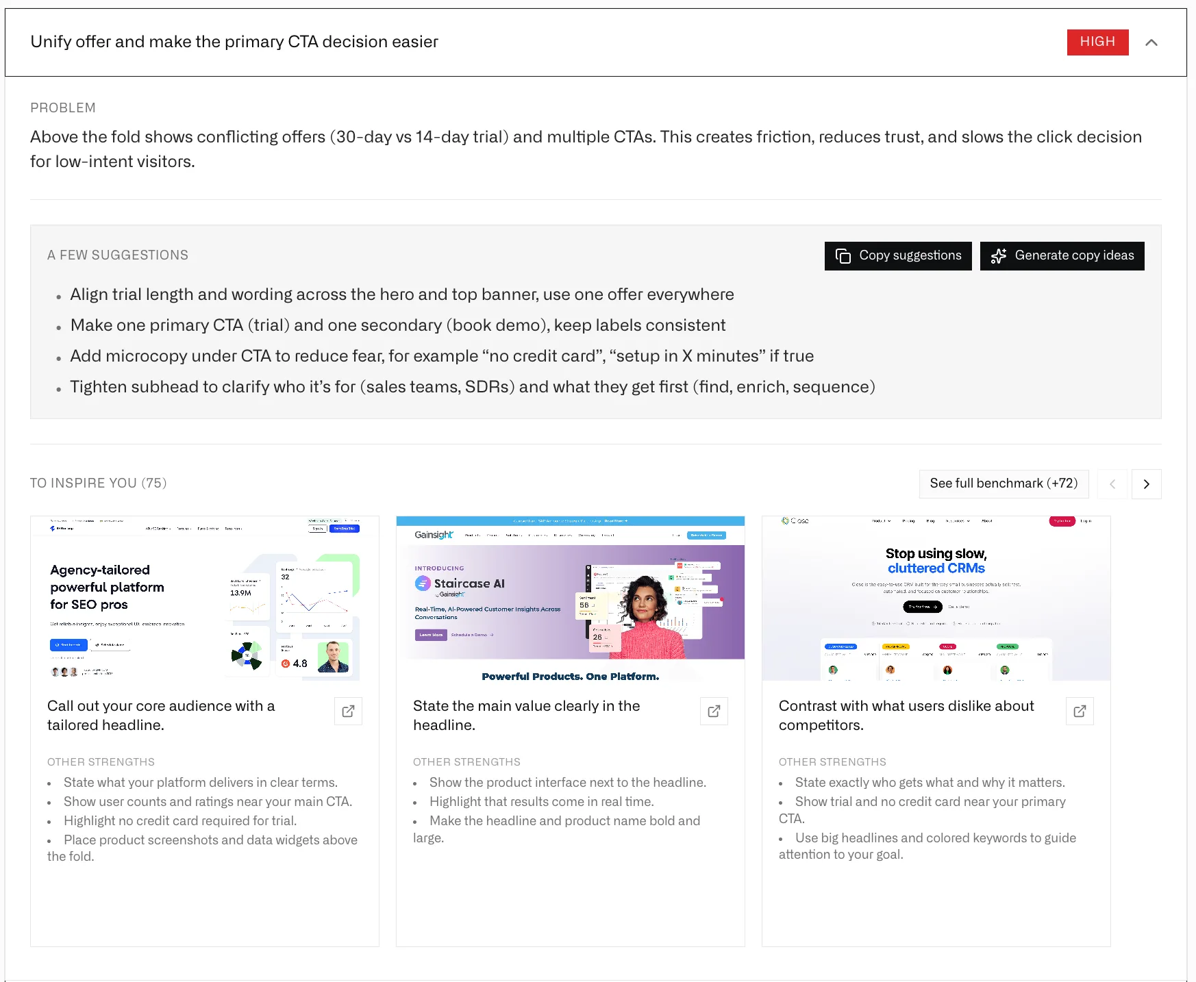 Benchmark comparison showing landing page suggestions with best-in-class SaaS examples from 290+ companies