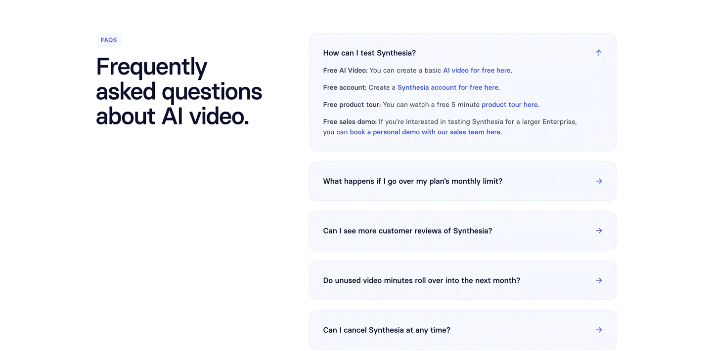 FAQ section example from Synthesia