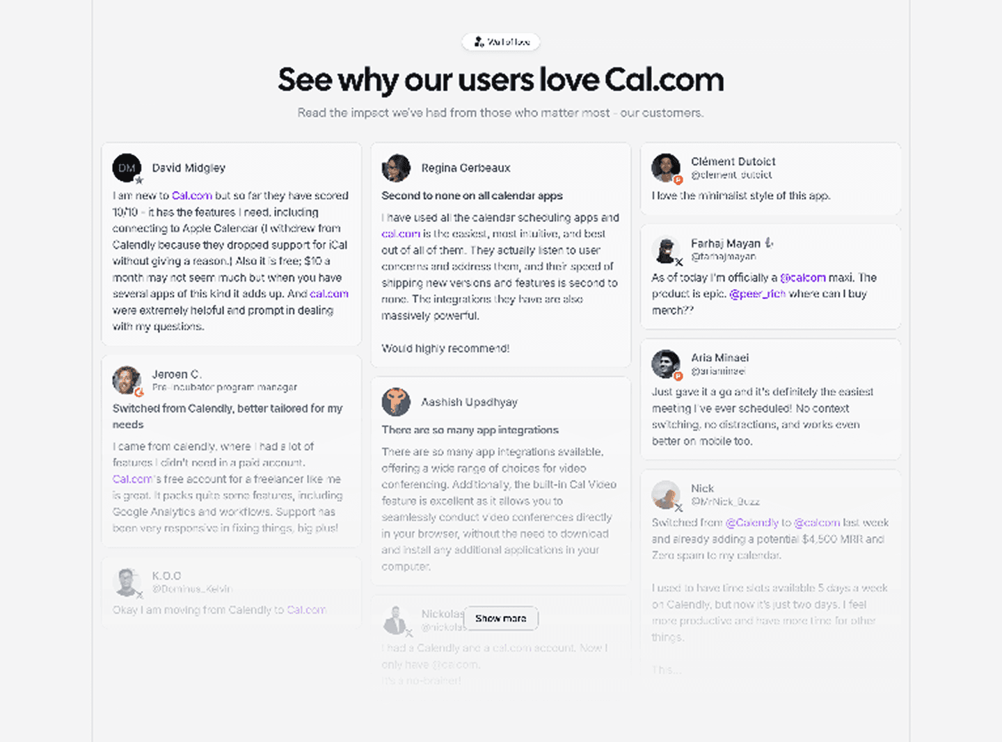 Exemple de section témoignage de Cal.com